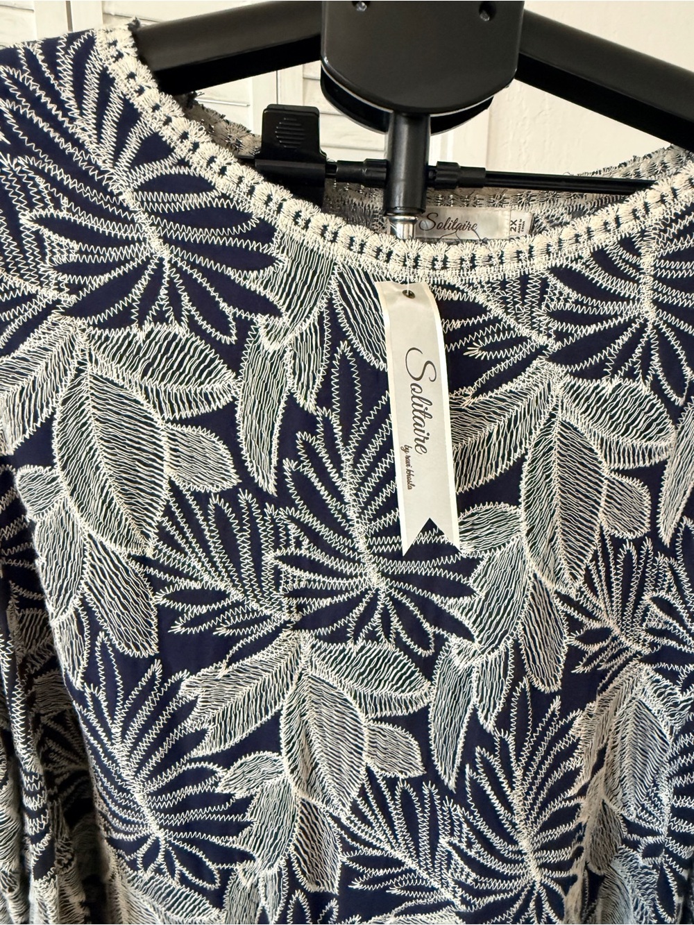 Solitaire Navy Blue Top with White Leaf Embroidery